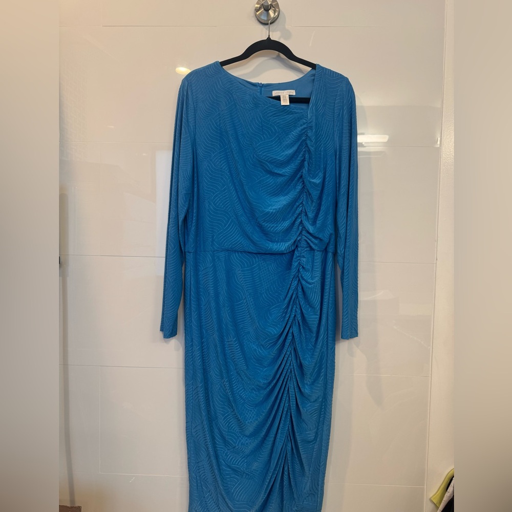 London Times Vibrant Blue Long Sleeve Asymmetrical Ruched Midi Dress - Picture 9 of 11